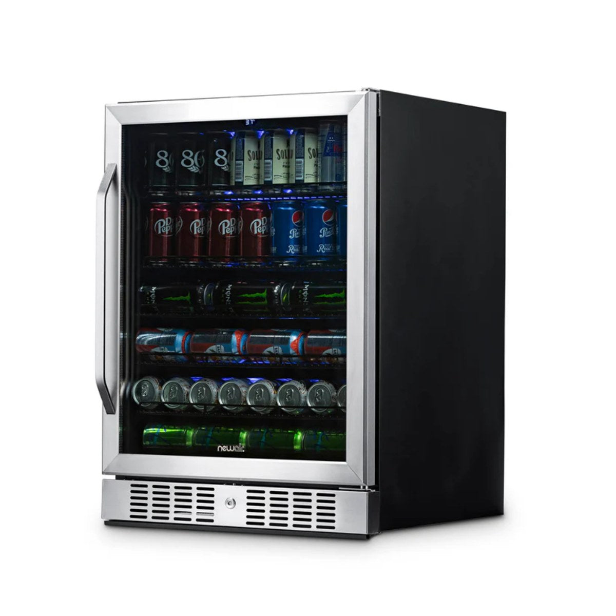 NewAir 177-Can Built-In Beverage Fridge – 24" Stainless Steel - Front right view loaded inside closed door