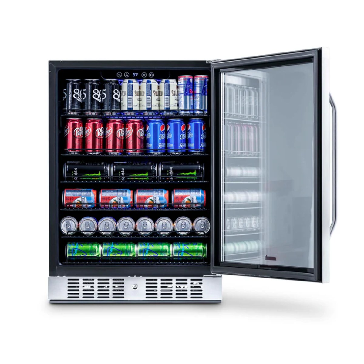 NewAir 177-Can Built-In Beverage Fridge – 24" Stainless Steel - Front view loaded inside open door