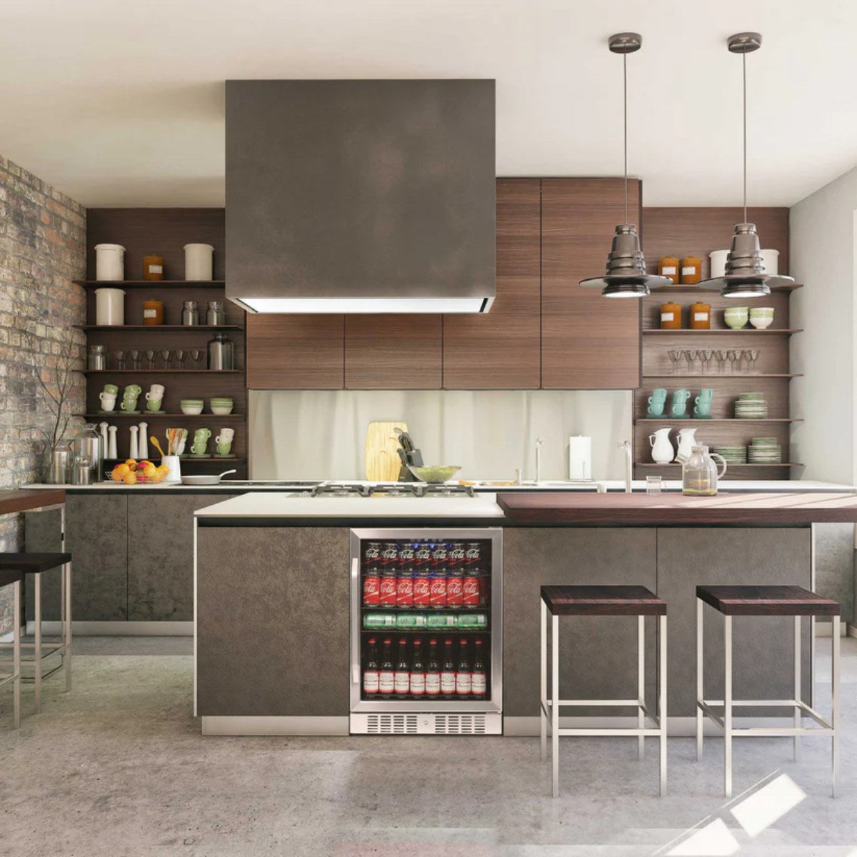 NewAir 177-Can Built-In Beverage Fridge – 24" Stainless Steel - beverage cooler in a contemporary kitchen island setup