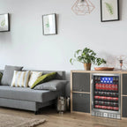 NewAir 177-Can Built-In Beverage Fridge – 24" Stainless Steel - fridge stocked with cans in a modern wood kitchen