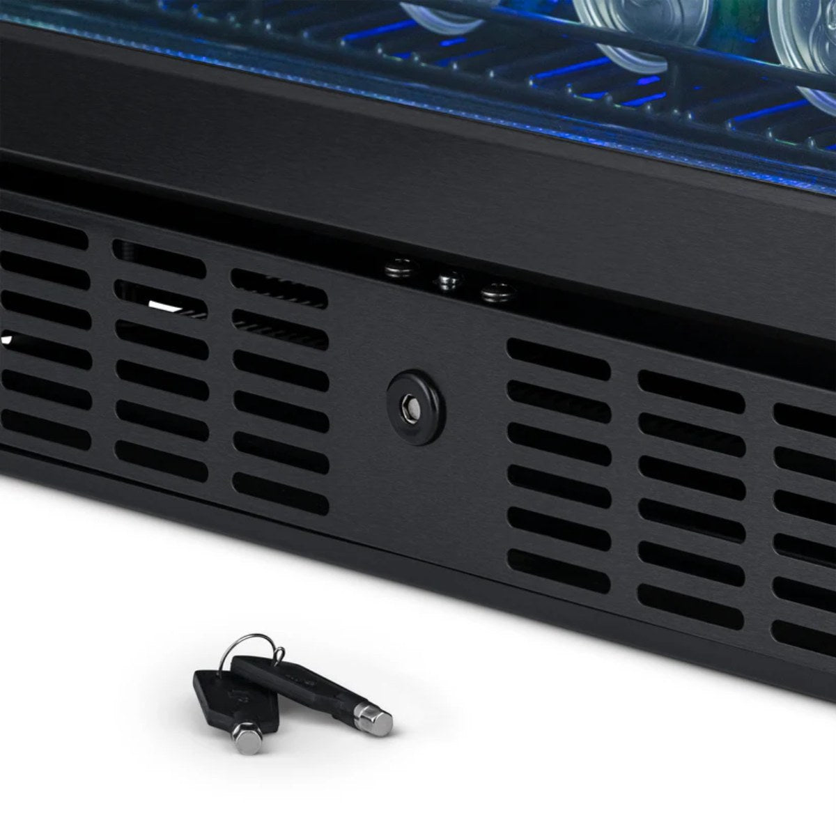 NewAir 24” Built-In 177-Can Beverage Fridge in Black Stainless Steel - Close up view of the lock with keys