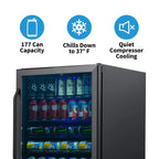 NewAir 24” Built-In 177-Can Beverage Fridge in Black Stainless Steel - Features of the fridge shown