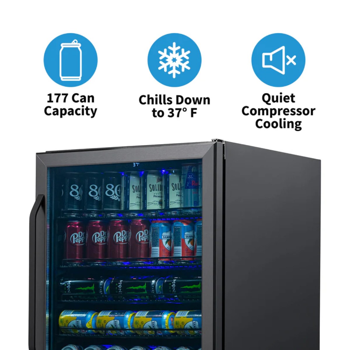 NewAir 24” Built-In 177-Can Beverage Fridge in Black Stainless Steel - Features of the fridge shown