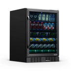 NewAir 24” Built-In 177-Can Beverage Fridge in Black Stainless Steel - Front left view loaded shelves closed door