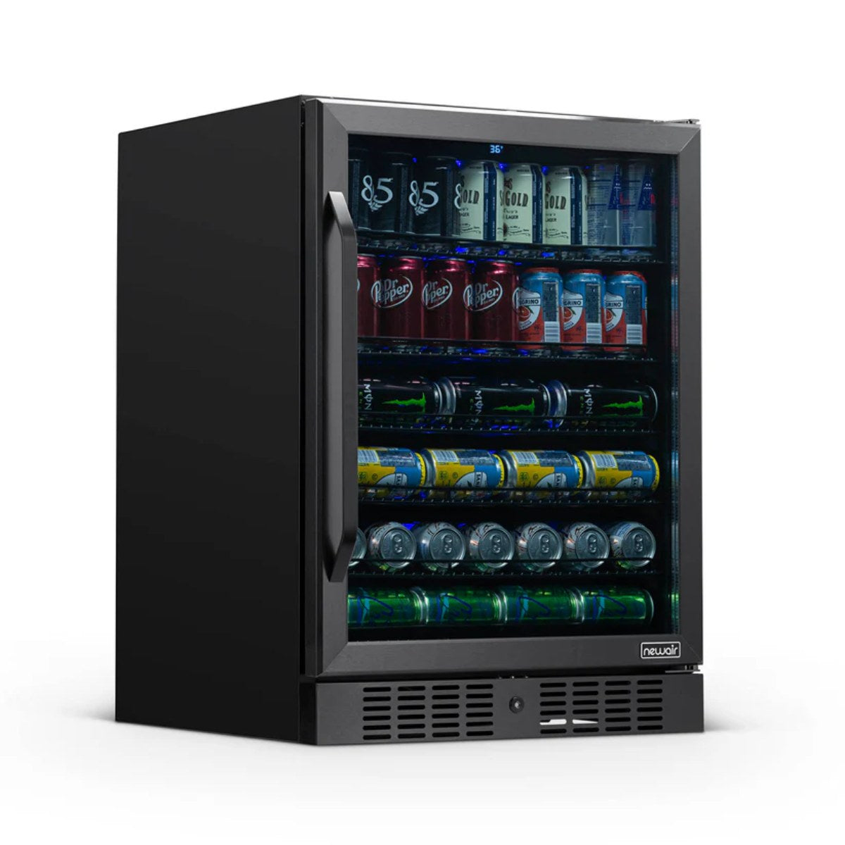 NewAir 24” Built-In 177-Can Beverage Fridge in Black Stainless Steel - Front left view loaded shelves closed door