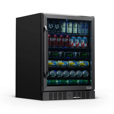 NewAir 24” Built-In 177-Can Beverage Fridge in Black Stainless Steel - Front left view loaded shelves closed door