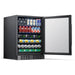 NewAir 24” Built-In 177-Can Beverage Fridge in Black Stainless Steel - Front left view loaded shelves open door