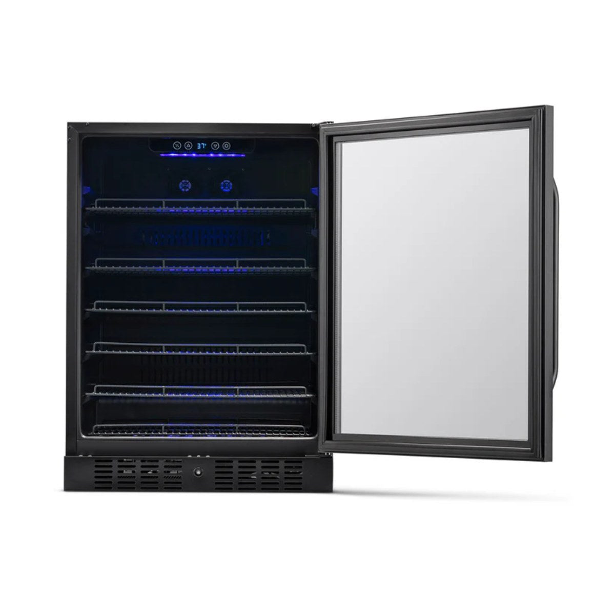 NewAir 24” Built-In 177-Can Beverage Fridge in Black Stainless Steel - Front view empty shelves open door