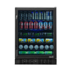 NewAir 24” Built-In 177-Can Beverage Fridge in Black Stainless Steel - Front view loaded shelves closed door