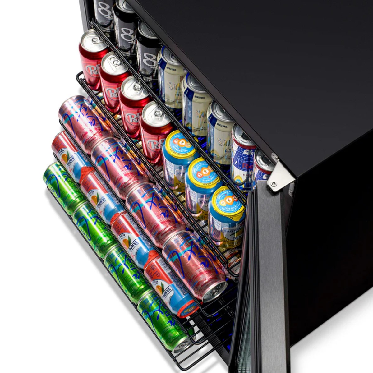 NewAir 24” Built-In 177-Can Beverage Fridge in Black Stainless Steel - Top view of the fridge showing racks with beverage cans