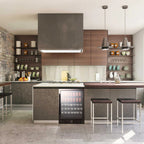NewAir 24” Built-In 177-Can Beverage Fridge in Black Stainless Steel - fridge with glass door installed in a warm wood kitchen with center island