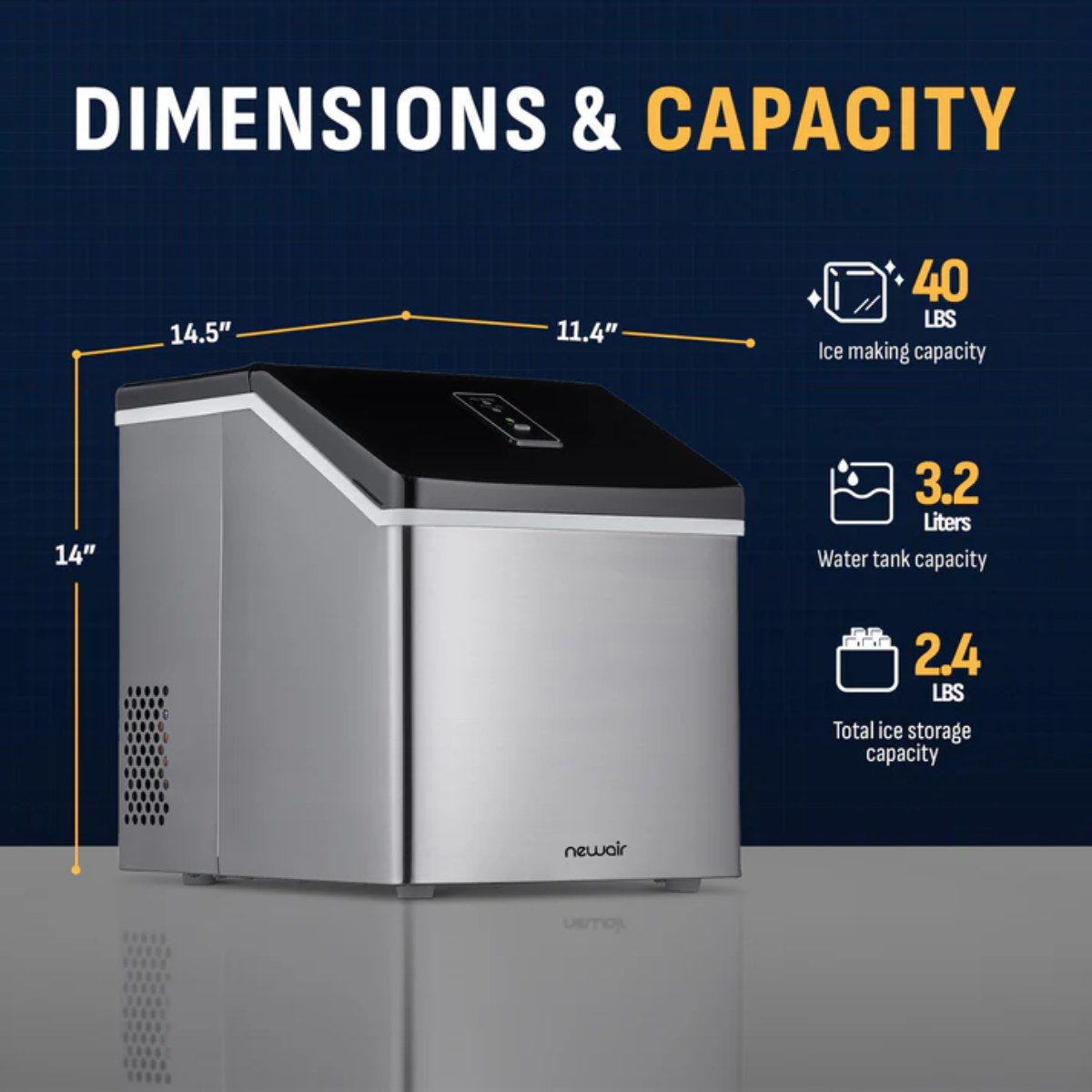 NewAir 40 lbs/Day Countertop Clear Ice Maker – Stainless Steel - Dimensions and Capacity shown