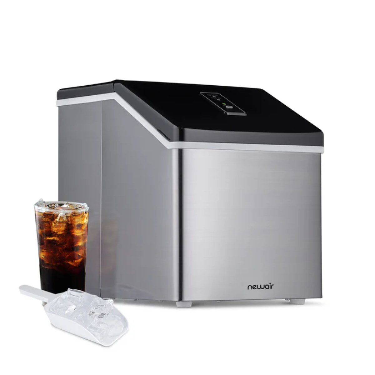 NewAir 40 lbs/Day Countertop Clear Ice Maker – Stainless Steel - Front View of the Ice maker with glass of soda and scoop of ice