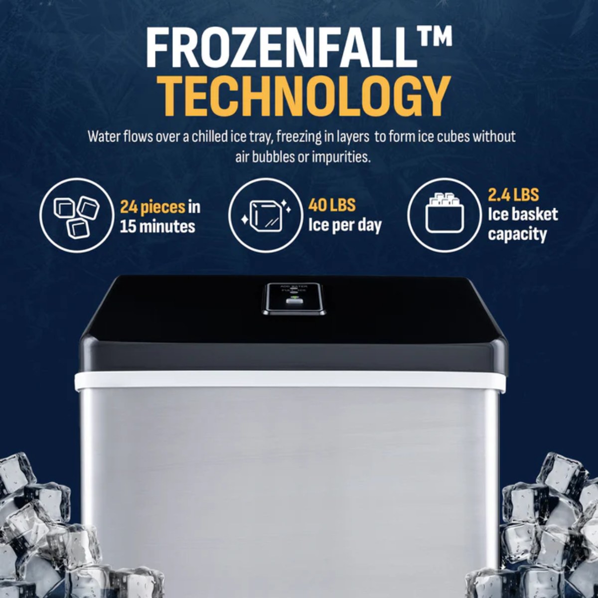 NewAir 40 lbs/Day Countertop Clear Ice Maker – Stainless Steel - Frozen Technology shown