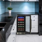 NewAir 96-Can Built-In Beverage Fridge – 15″ Stainless Steel - Built-in beverage fridge with glass door in a modern kitchen