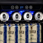 NewAir 96-Can Built-In Beverage Fridge – 15″ Stainless Steel - Close up view of the digital thermostat with beer cans inside the fridge