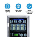 NewAir 96-Can Built-In Beverage Fridge – 15″ Stainless Steel - Features of the fridge shown