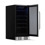 NewAir 96-Can Built-In Beverage Fridge – 15″ Stainless Steel - Front left view of the fridge empty racks closed door