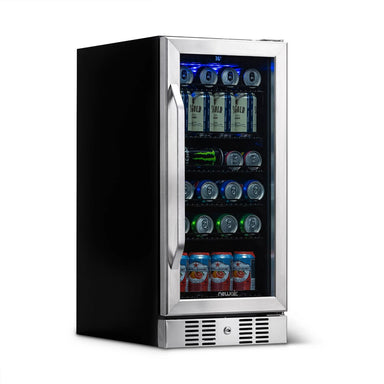 NewAir 96-Can Built-In Beverage Fridge – 15″ Stainless Steel - Front left view of the fridge loaded racks closed door