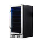 NewAir 96-Can Built-In Beverage Fridge – 15″ Stainless Steel - Front right view of the fridge empty racks closed door