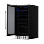 NewAir 96-Can Built-In Beverage Fridge – 15″ Stainless Steel - Front right view of the fridge empty racks open door