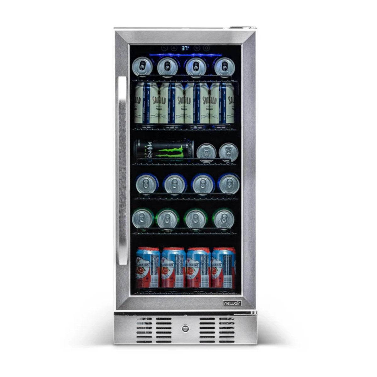 NewAir 96-Can Built-In Beverage Fridge – 15″ Stainless Steel - Front view of the fridge loaded racks closed door