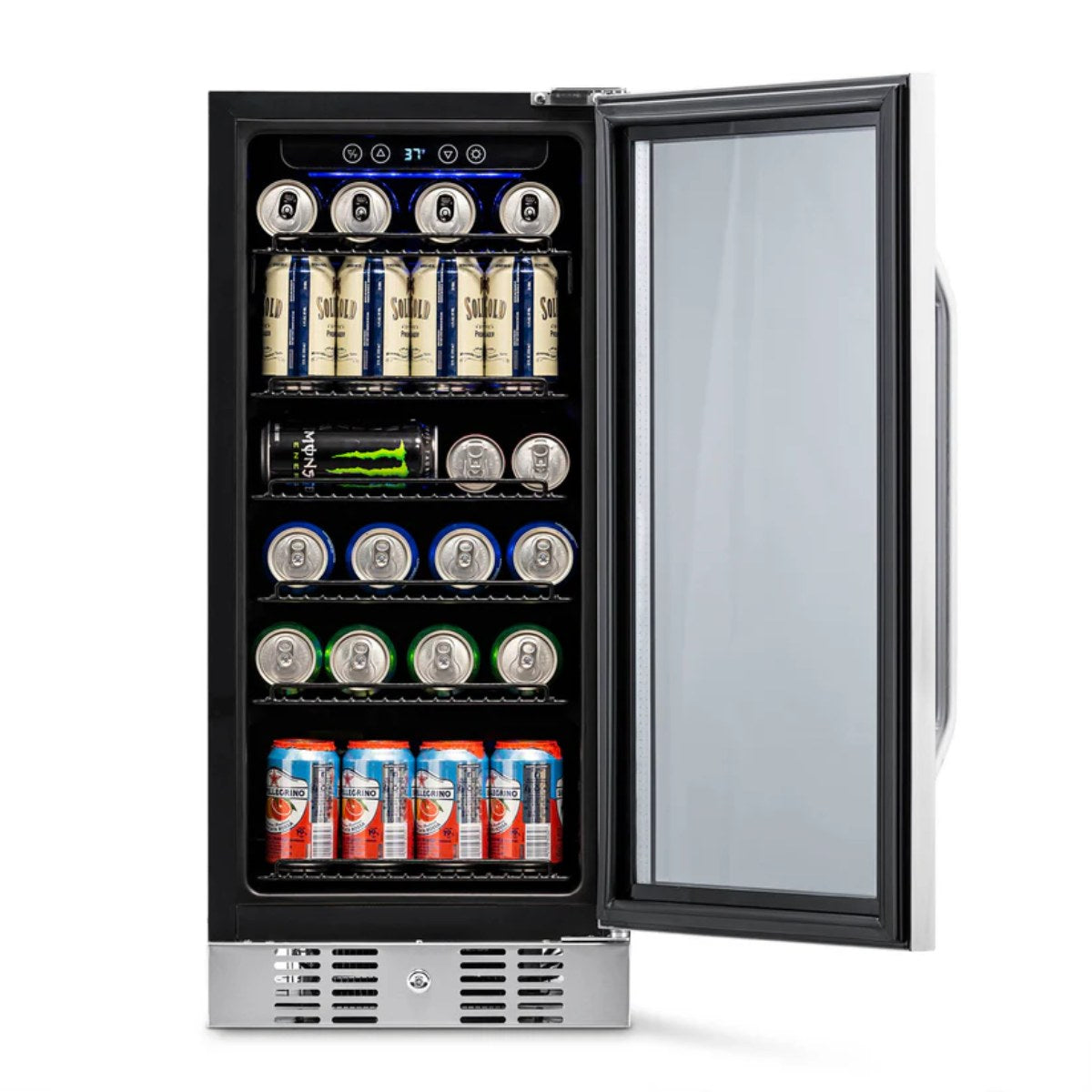 NewAir 96-Can Built-In Beverage Fridge – 15″ Stainless Steel - Front view of the fridge loaded racks open door
