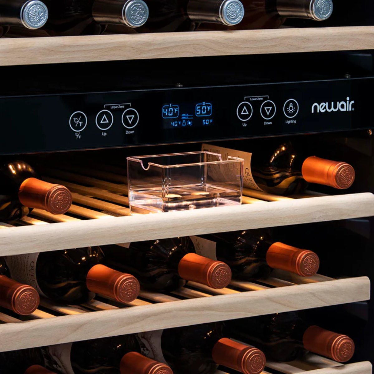 Newair 116 Bottle Dual Zone Wine Fridge – 27" Stainless Steel - Close up view of the Controls