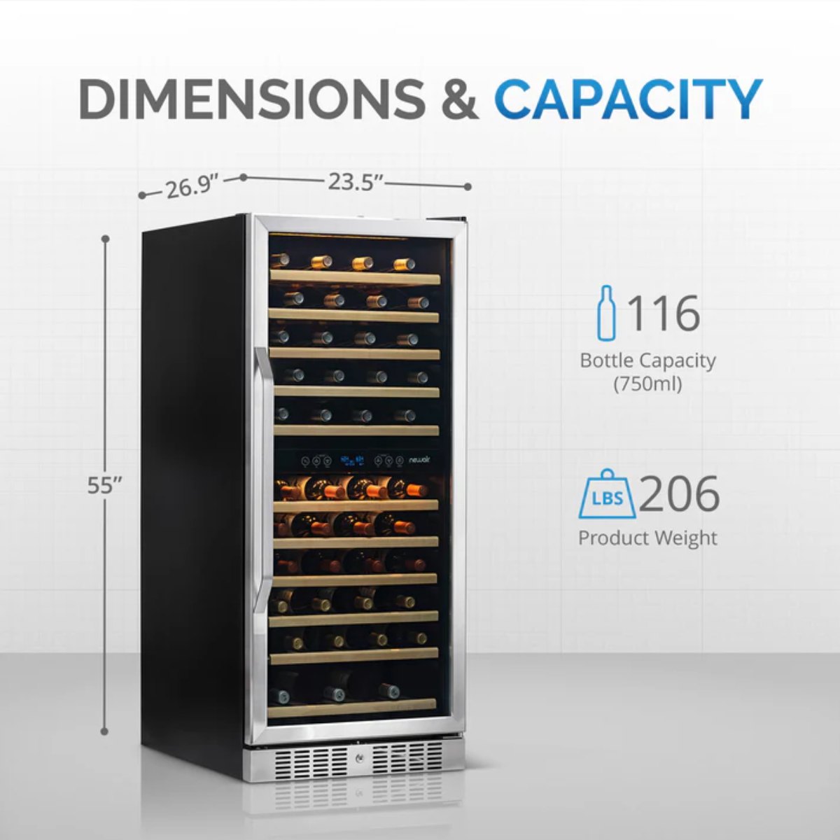 Newair 116 Bottle Dual Zone Wine Fridge – 27" Stainless Steel - Dimensions and Capacity Shown