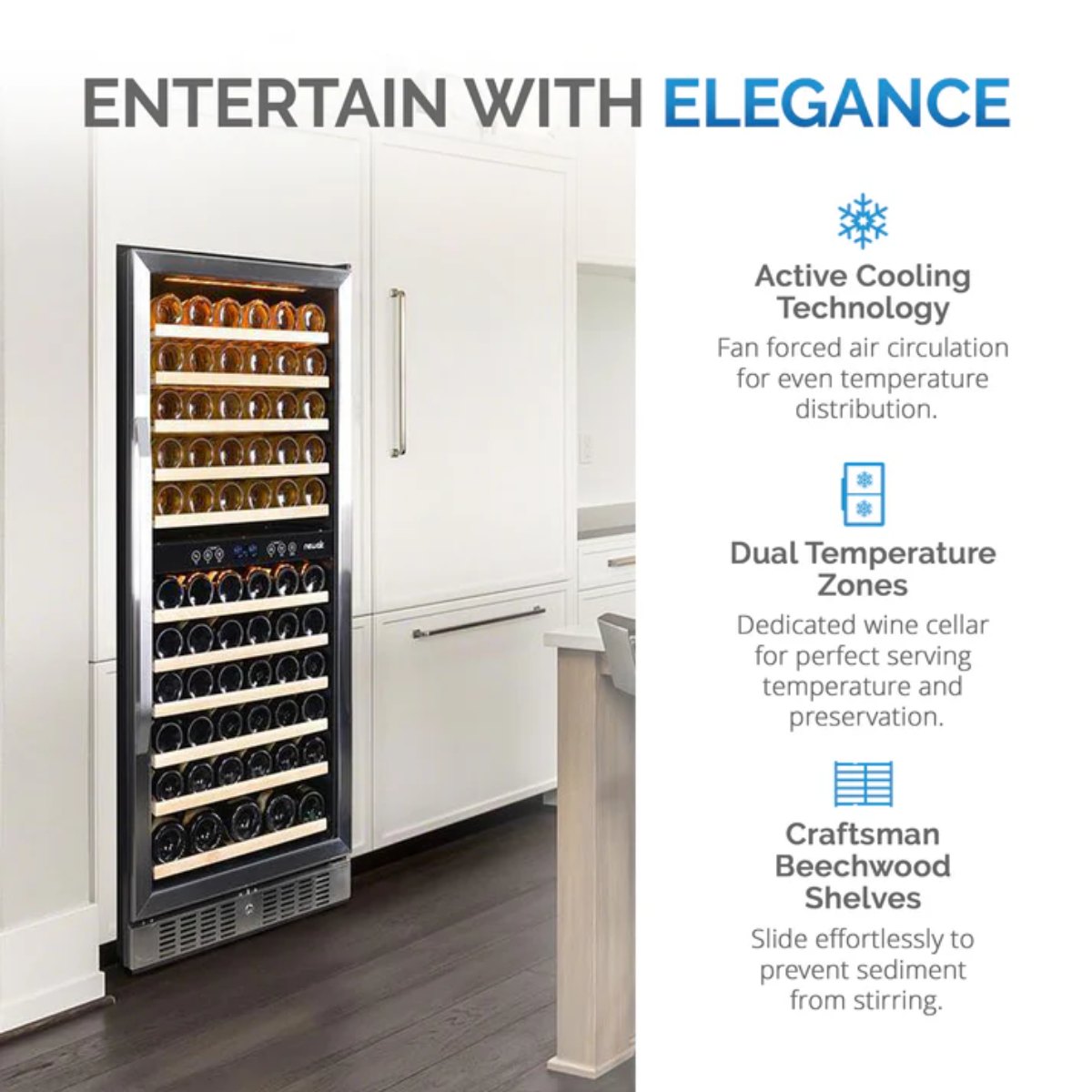 Newair 116 Bottle Dual Zone Wine Fridge – 27" Stainless Steel - Entertain with Elegance - Features Shown