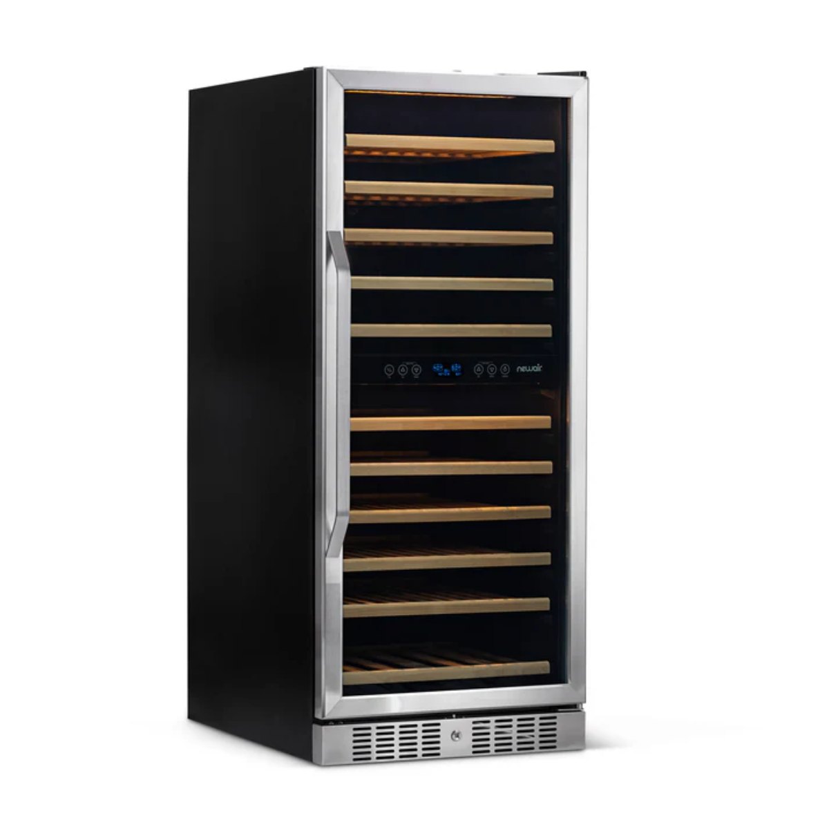 Newair 116 Bottle Dual Zone Wine Fridge – 27" Stainless Steel - Front Left View - Empty Shelves - Closed Door