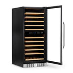 Newair 116 Bottle Dual Zone Wine Fridge – 27" Stainless Steel - Front Left View - Empty Shelves - Open Door
