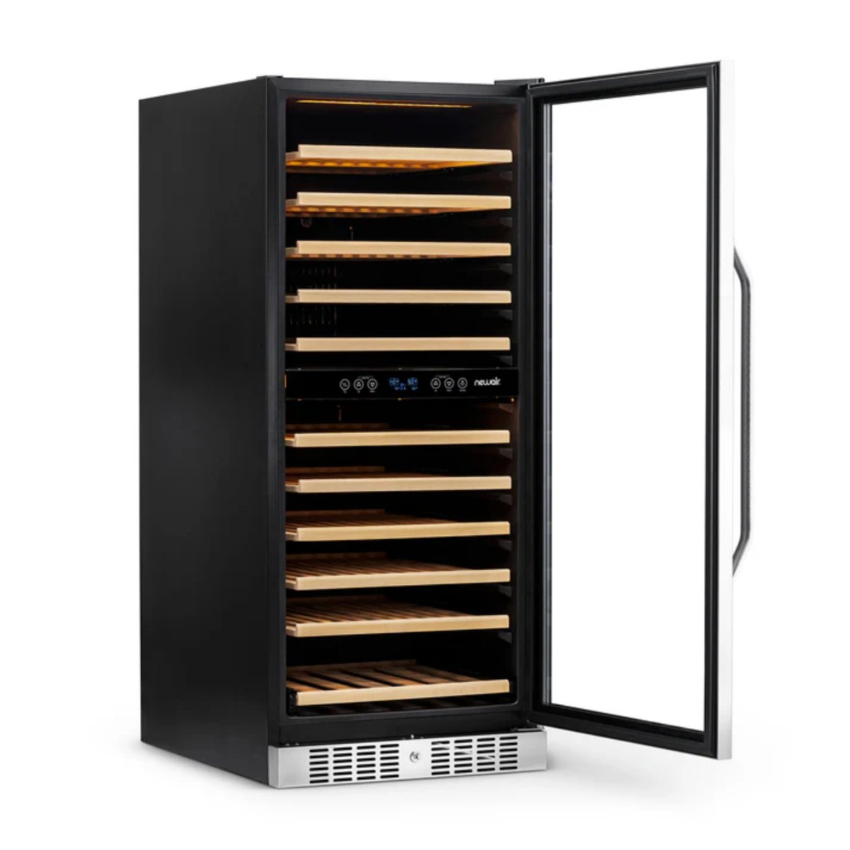 Newair 116 Bottle Dual Zone Wine Fridge – 27" Stainless Steel - Front Left View - Empty Shelves - Open Door