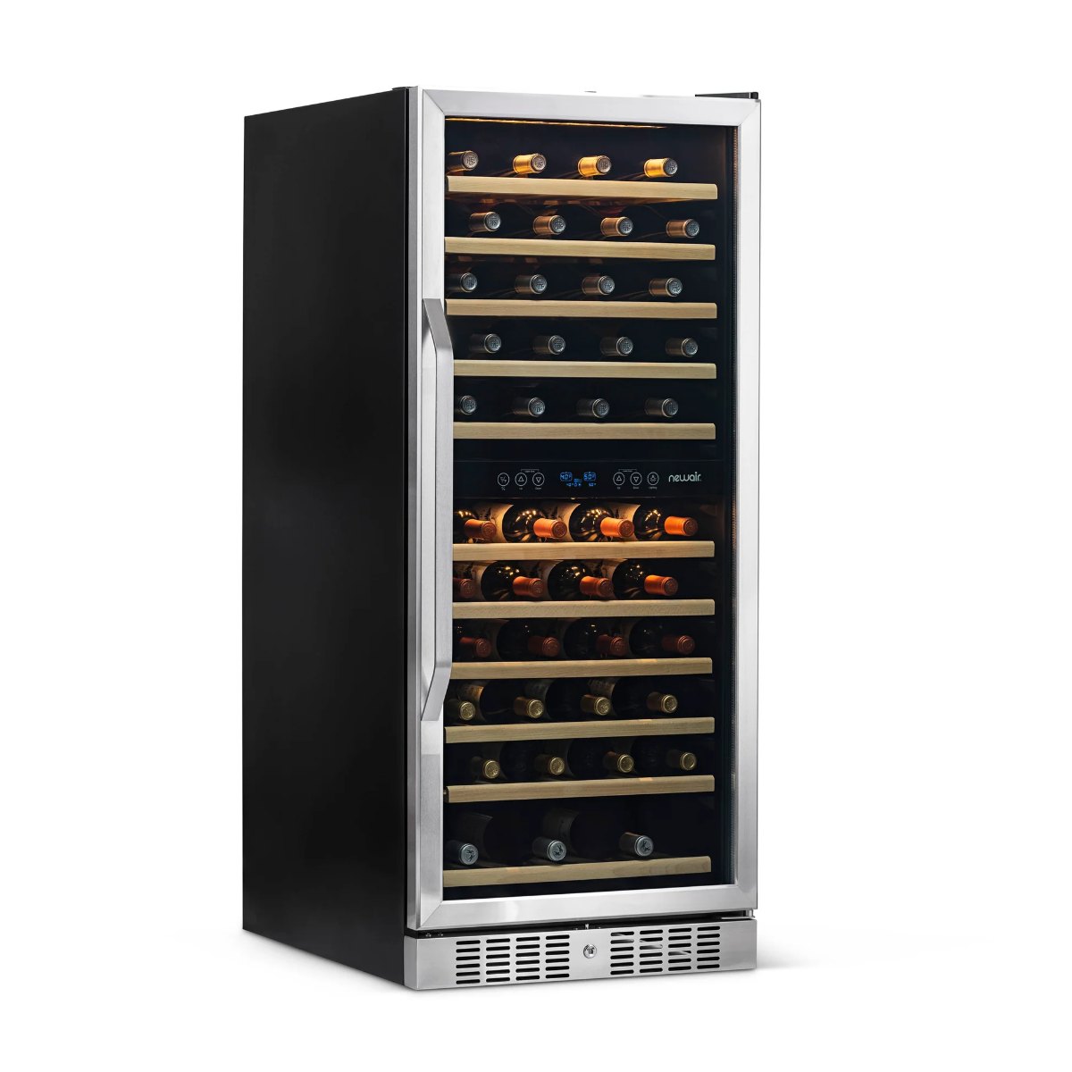 Newair 116 Bottle Dual Zone Wine Fridge – 27" Stainless Steel - Front Left View - Loaded Shelves - Closed Door