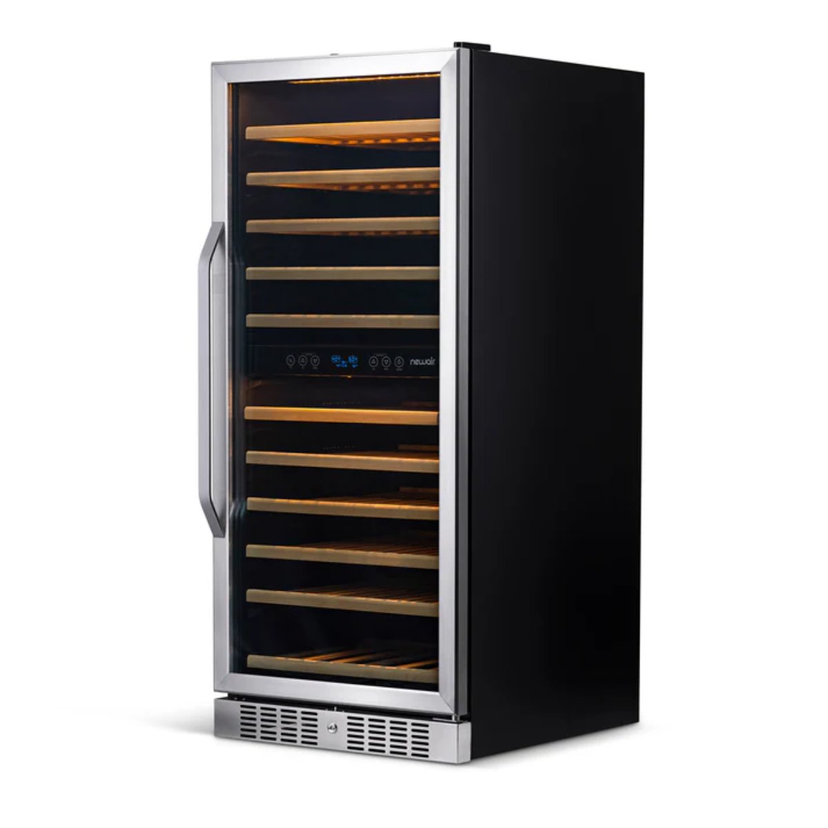 Newair 116 Bottle Dual Zone Wine Fridge – 27" Stainless Steel - Front Right View - Empty Shelves - Closed Door