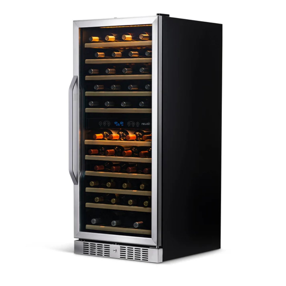 Newair 116 Bottle Dual Zone Wine Fridge – 27" Stainless Steel - Front Right View - Loaded Shelves - Closed Door