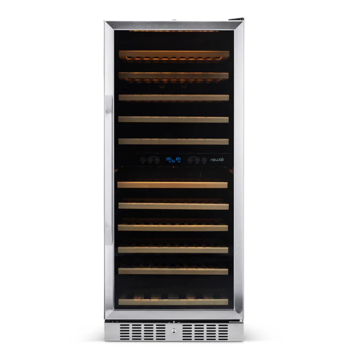 Newair 116 Bottle Dual Zone Wine Fridge – 27" Stainless Steel - Front View - Empty Shelves - Closed Door