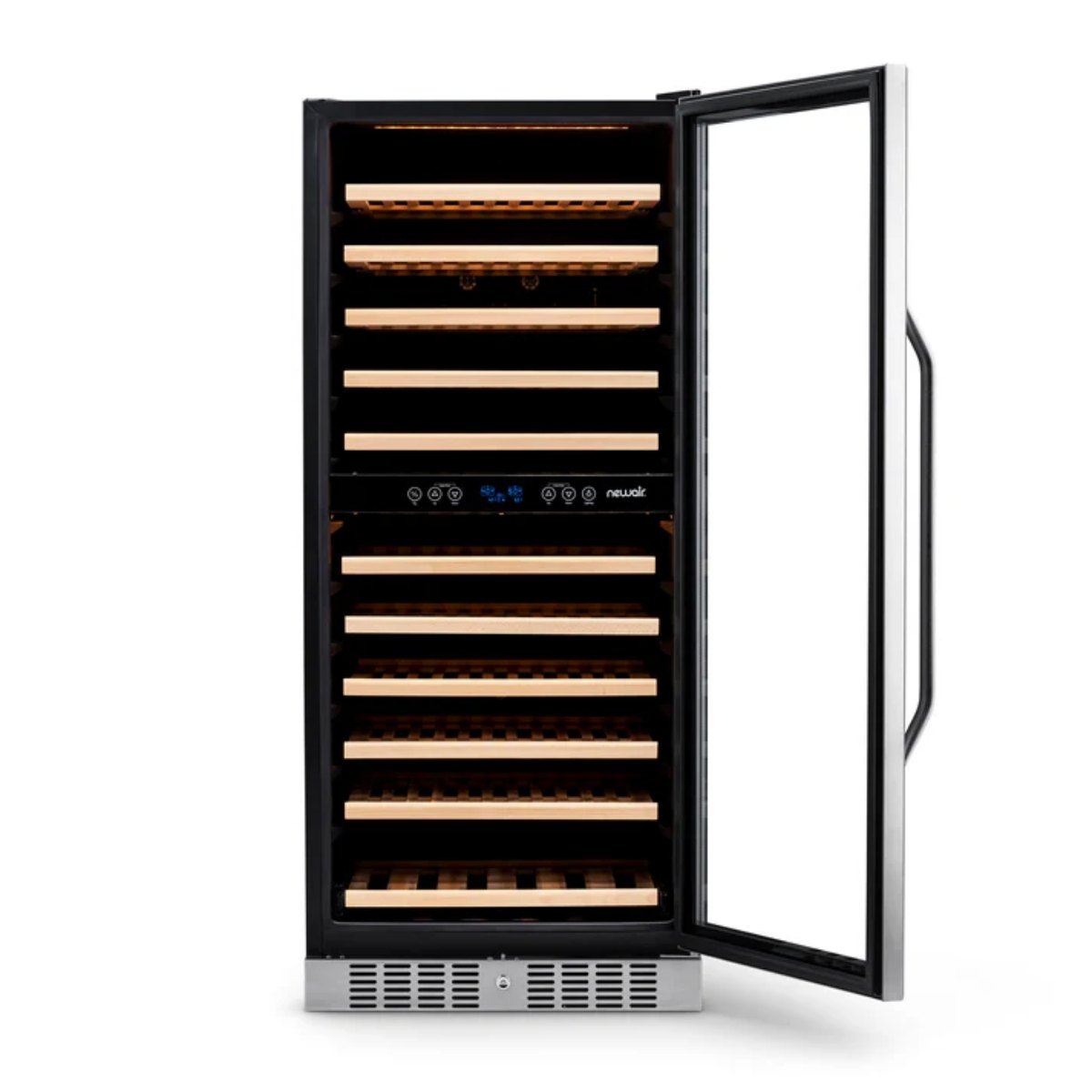Newair 116 Bottle Dual Zone Wine Fridge – 27" Stainless Steel - Front View - Empty Shelves - Open Door