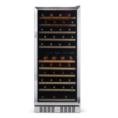 Newair 116 Bottle Dual Zone Wine Fridge – 27" Stainless Steel - Front View - Loaded Shelves - Closed Door