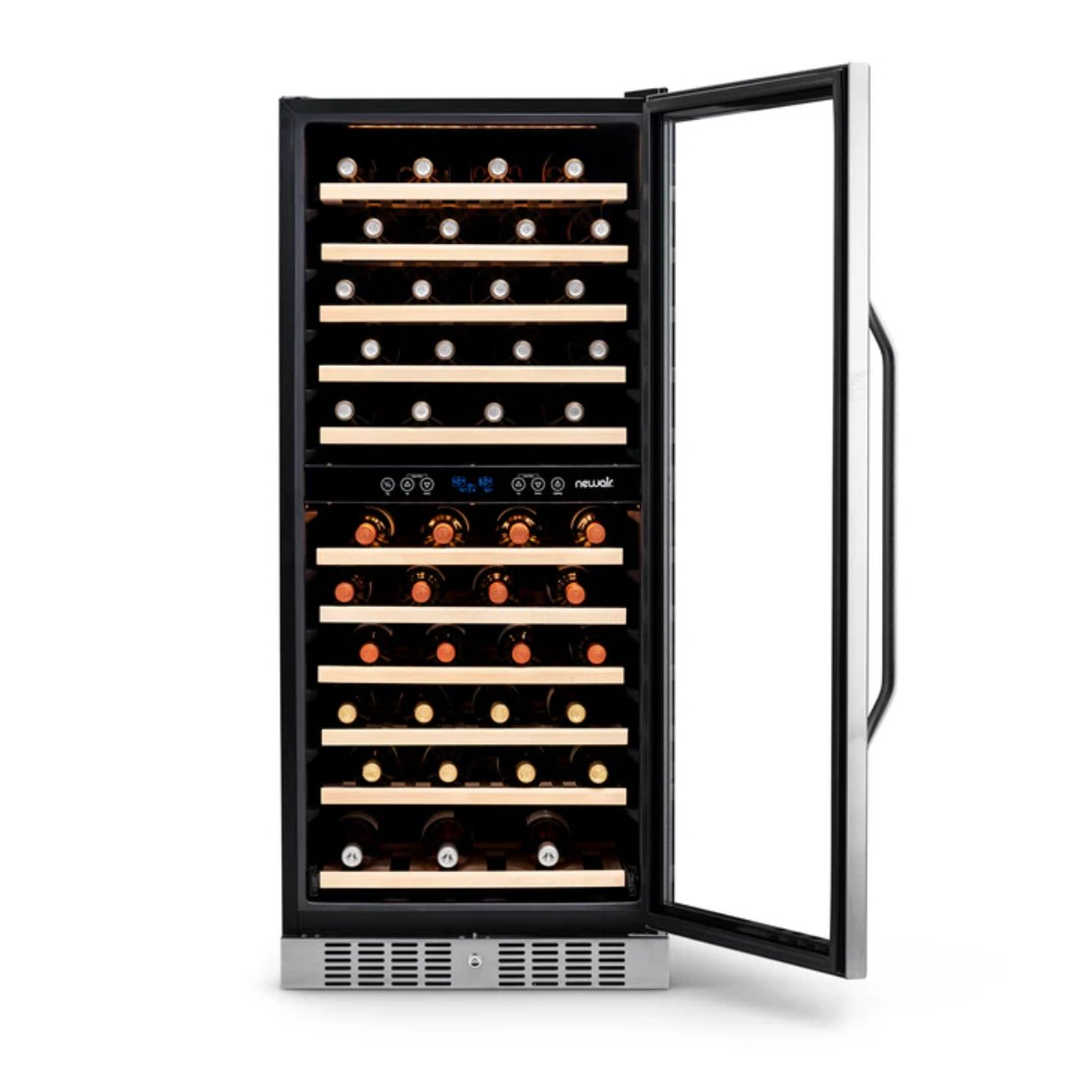 Newair 116 Bottle Dual Zone Wine Fridge – 27" Stainless Steel - Front View - Loaded Shelves - Open Door