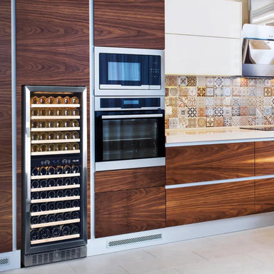 Newair 116 Bottle Dual Zone Wine Fridge – 27" Stainless Steel - Wine Fridge shown in the Kitchen with Wooden Theme