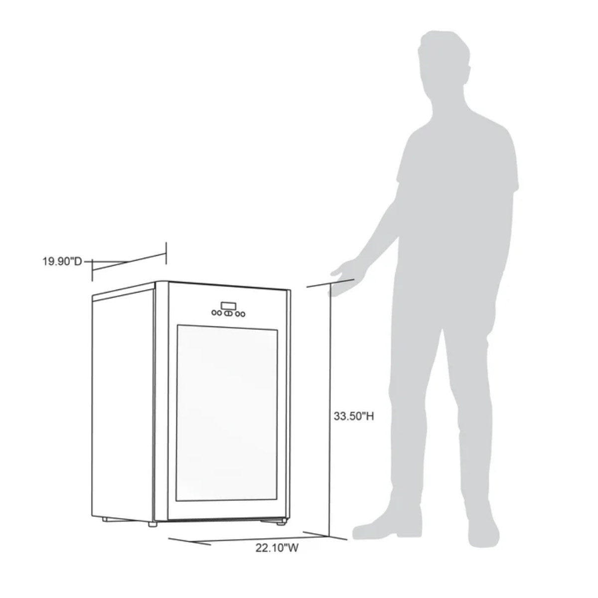 Newair 125-Can Freestanding Beer Froster – 22.1″ Black - Dimensions of the fridge compared to a human height