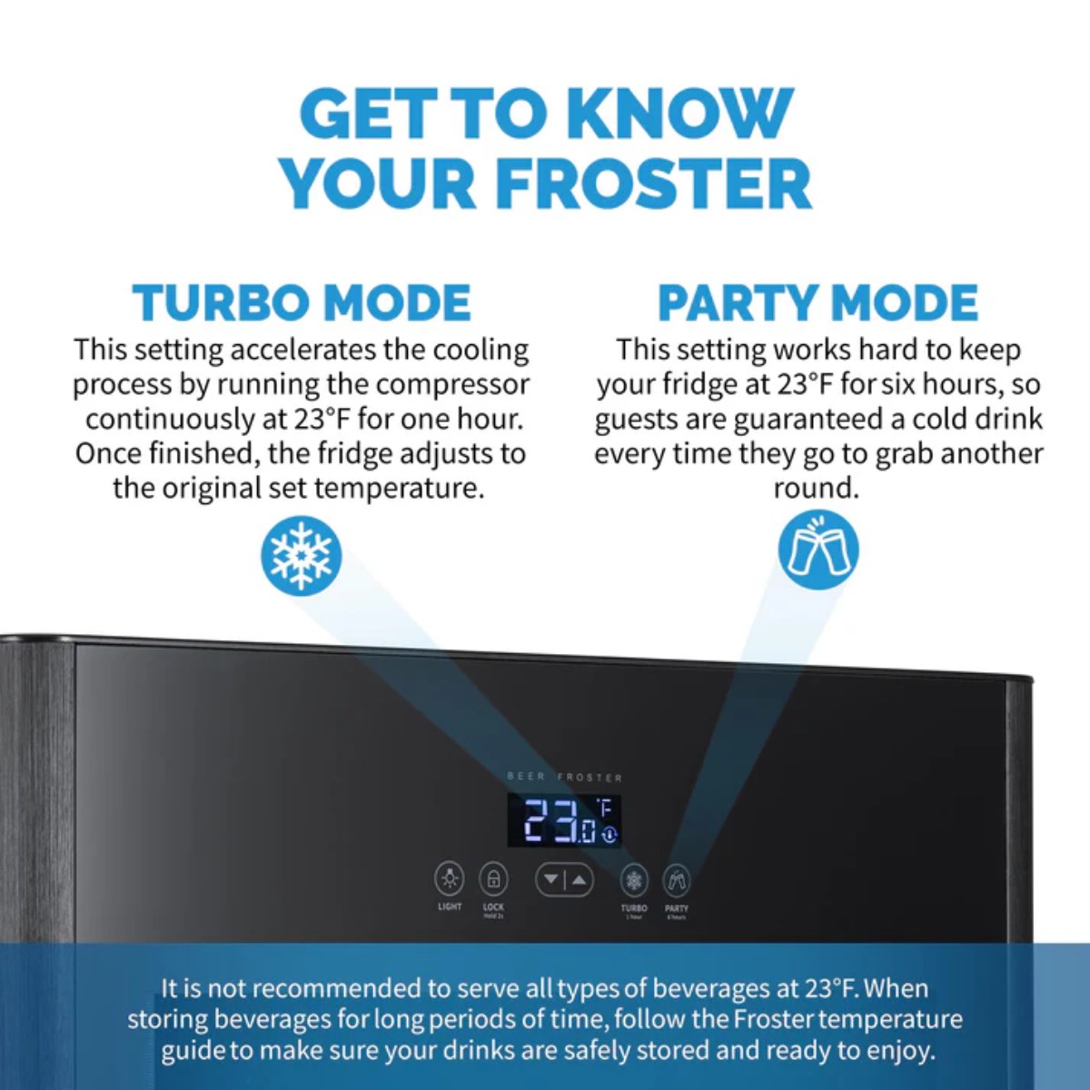 Newair 125-Can Freestanding Beer Froster – 22.1″ Black - Turbo mode and party mode comparison shown