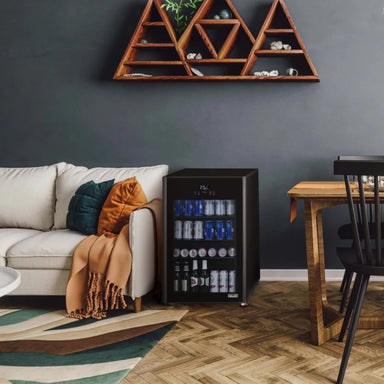 Newair 125-Can Freestanding Beer Froster – 22.1″ Black - fridge beside a sofa in a modern living room