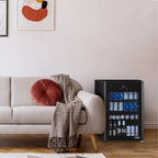 Newair 125-Can Freestanding Beer Froster – 22.1″ Black - fridge next to a light-colored sofa in a minimalist living room