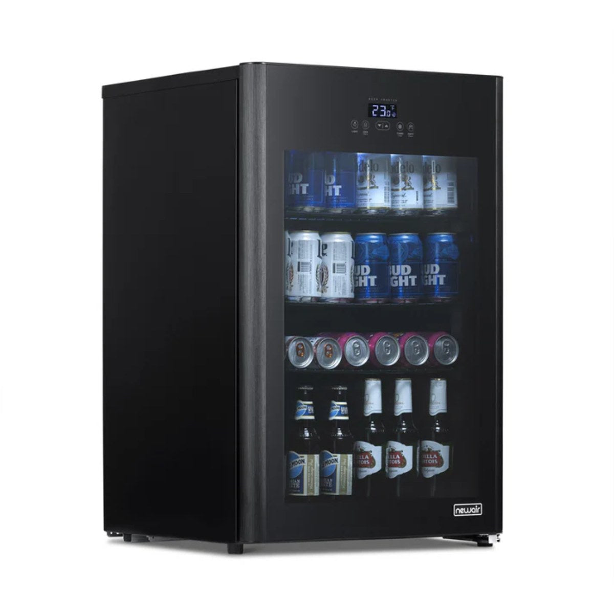 Newair 125-Can Freestanding Beer Froster – 22.1″ Black - front left view loaded shelves closed door