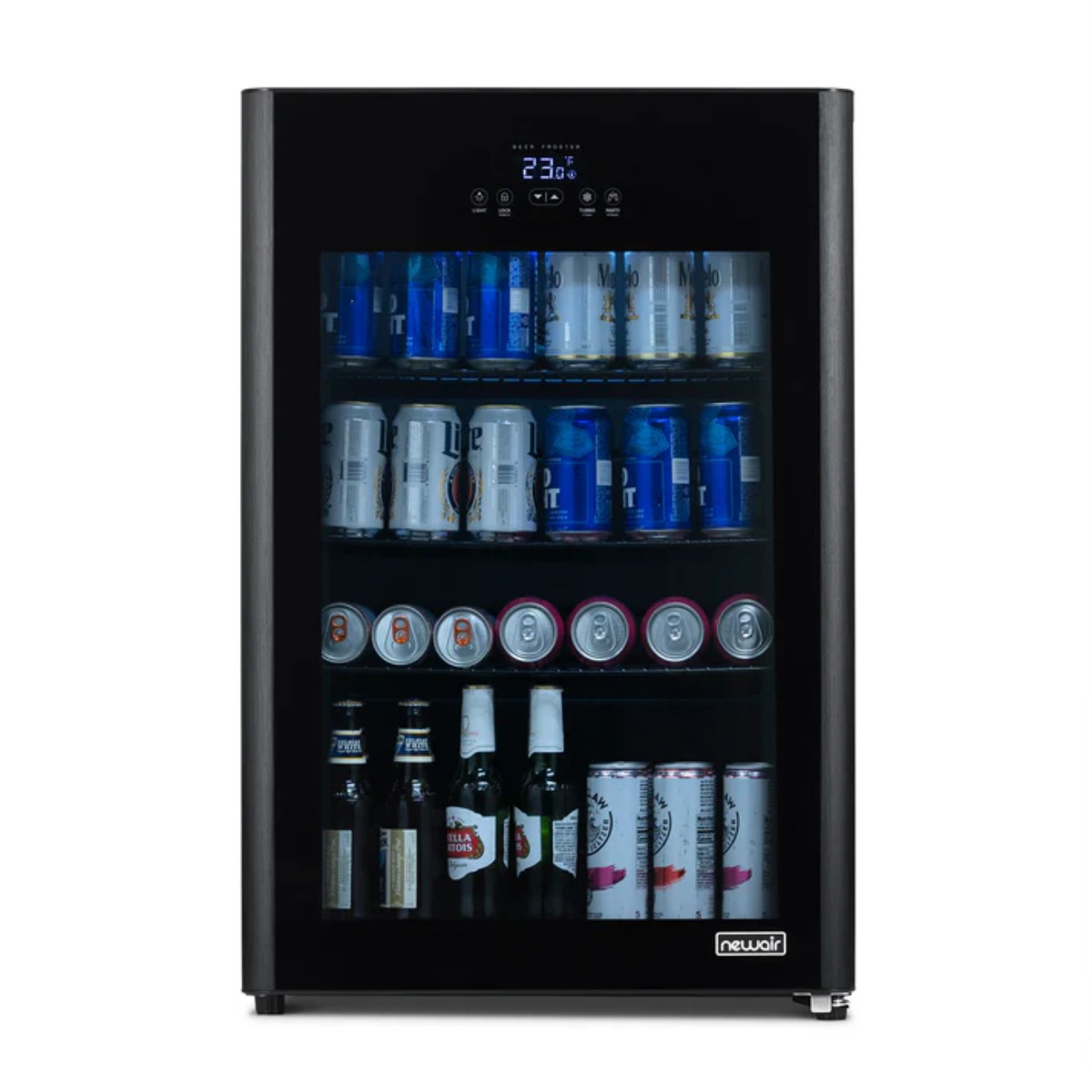 Newair 125-Can Freestanding Beer Froster – 22.1″ Black - front view loaded shelves closed door