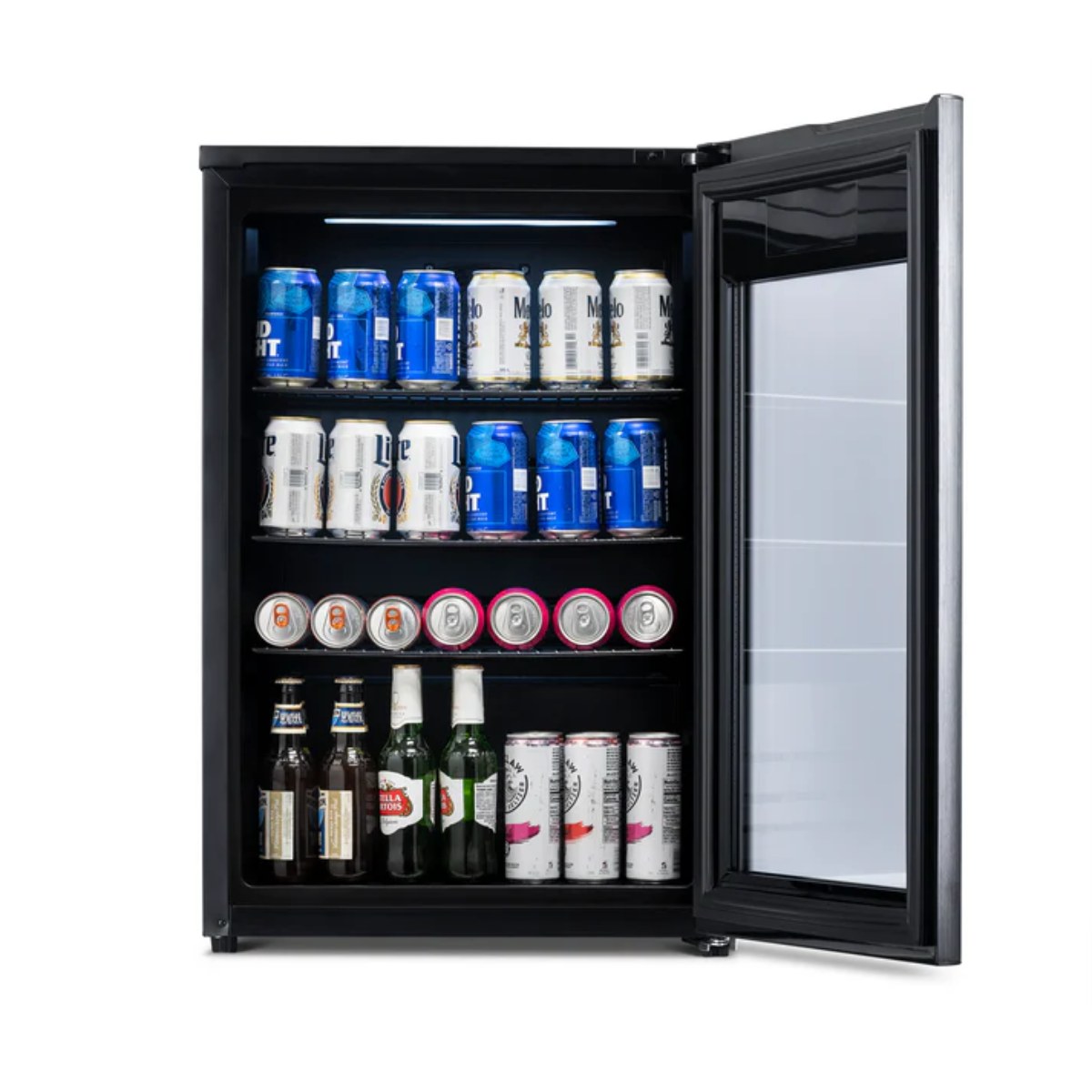 Newair 125-Can Freestanding Beer Froster – 22.1″ Black - front view loaded shelves open door