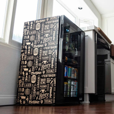 Newair 126-Can Freestanding Beers of the World Fridge with SplitShelf - Beer-themed mini fridge decorated with typography patterns