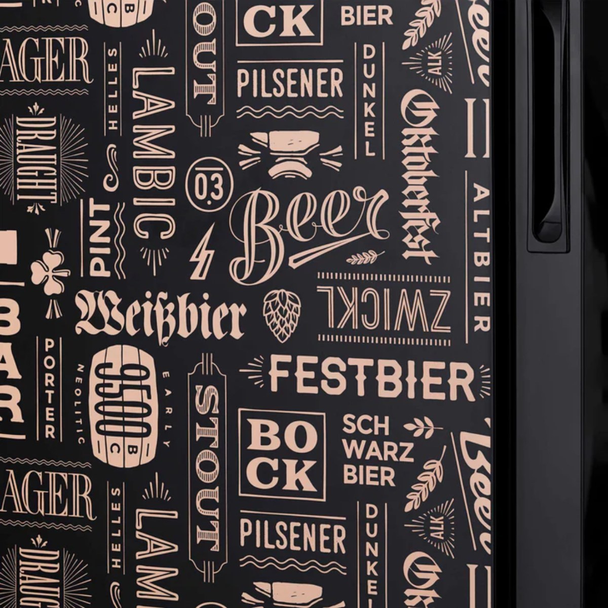 Newair 126-Can Freestanding Beers of the World Fridge with SplitShelf - Close-up of beer-themed typography on fridge side panel